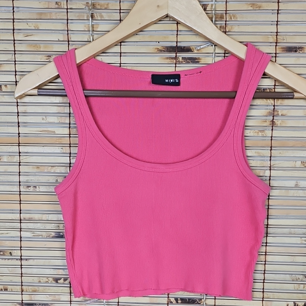 Sexy Mixit Pink Ribbed Scoop Neck  Cropped Tank Top